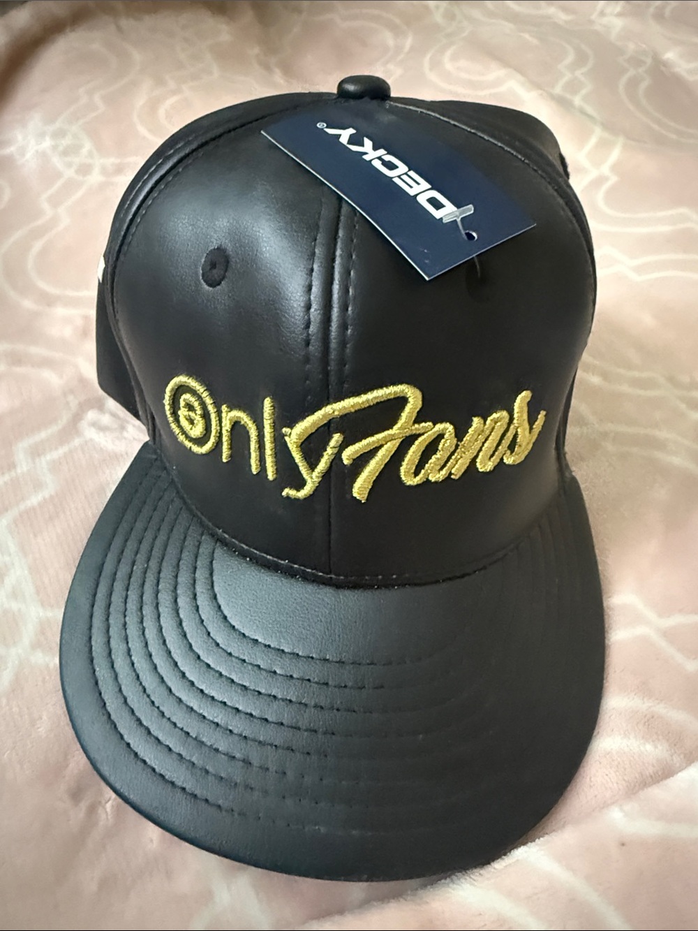 Black Faux Leather Snapback Hat with Gold Embroidered Logo